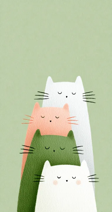 Cute cats in profile, stacked on top of each other, green background, simple lines, in the style of Japanese illustration, pastel colors, flat design, minimalism, close-up portrait, cartoon, children's book illustrations, watercolor painting, simple details, minimalist, white space, clean background  --s 750   5n1ju56