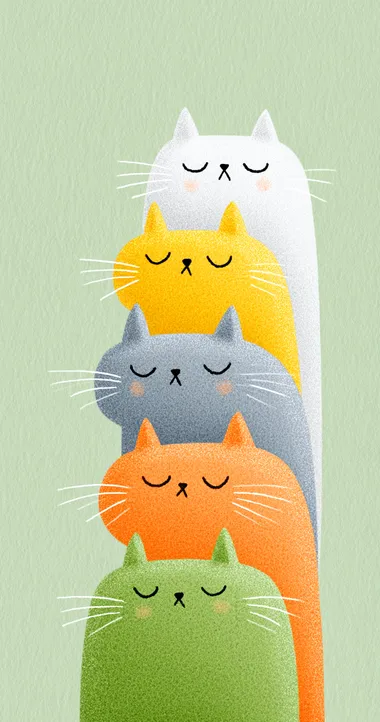 Cute cats in profile, stacked on top of each other, green background, simple lines, in the style of Japanese illustration, pastel colors, flat design, minimalism, close-up portrait, cartoon, children's book illustrations, watercolor painting, simple details, minimalist, white space, clean background  --s 750   5n1ju56
