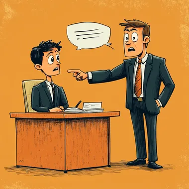 In the image, a boss with a stern expression stands behind a desk, pointing sharply at an employee, whose posture slumps in confusion. The employees face shows a mix of bewilderment and frustration, with furrowed brows and a slight shrug. Papers or a clipboard may lie untouched on the desk, symbolizing the lack of clarity behind the reprimand. The background could include a bland office setting, emphasizing the mundane yet stressful nature of the scene, while a speech bubble or hovering scribble near the boss suggests the incomprehensible nature of the objurgation.