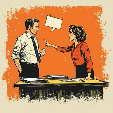 In the image, a boss with a stern expression stands behind a desk, pointing sharply at an employee, whose posture slumps in confusion. The employees face shows a mix of bewilderment and frustration, with furrowed brows and a slight shrug. Papers or a clipboard may lie untouched on the desk, symbolizing the lack of clarity behind the reprimand. The background could include a bland office setting, emphasizing the mundane yet stressful nature of the scene, while a speech bubble or hovering scribble near the boss suggests the incomprehensible nature of the objurgation.