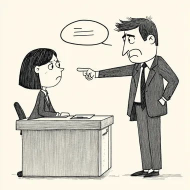 In the image, a boss with a stern expression stands behind a desk, pointing sharply at an employee, whose posture slumps in confusion. The employees face shows a mix of bewilderment and frustration, with furrowed brows and a slight shrug. Papers or a clipboard may lie untouched on the desk, symbolizing the lack of clarity behind the reprimand. The background could include a bland office setting, emphasizing the mundane yet stressful nature of the scene, while a speech bubble or hovering scribble near the boss suggests the incomprehensible nature of the objurgation.