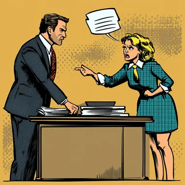 In the image, a boss with a stern expression stands behind a desk, pointing sharply at an employee, whose posture slumps in confusion. The employees face shows a mix of bewilderment and frustration, with furrowed brows and a slight shrug. Papers or a clipboard may lie untouched on the desk, symbolizing the lack of clarity behind the reprimand. The background could include a bland office setting, emphasizing the mundane yet stressful nature of the scene, while a speech bubble or hovering scribble near the boss suggests the incomprehensible nature of the objurgation.