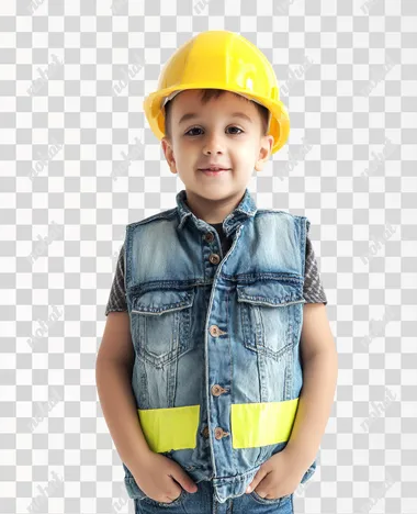 happy boy 8 years old in a construction helmet and denim vest, photo in the studio realism, 4k, white background