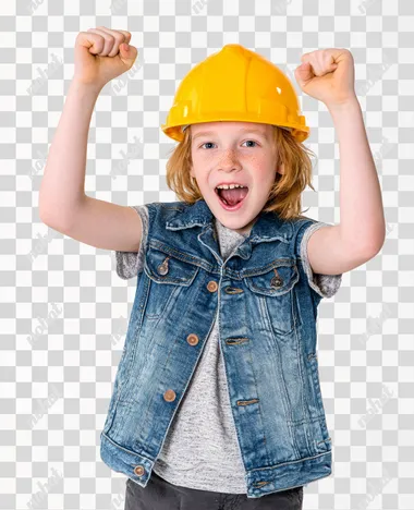 happy boy 8 years old in a construction helmet and denim vest, photo in the studio realism, 4k, white background