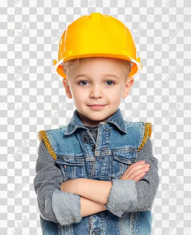 happy boy 8 years old in a construction helmet and denim vest, photo in the studio realism, 4k, white background