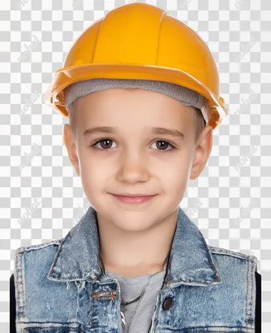 happy boy 8 years old in a construction helmet and denim vest, photo in the studio realism, 4k, white background
