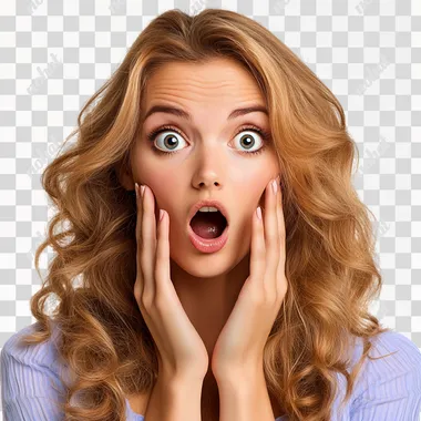A beautiful woman with a surprised look on her face, a transparent background