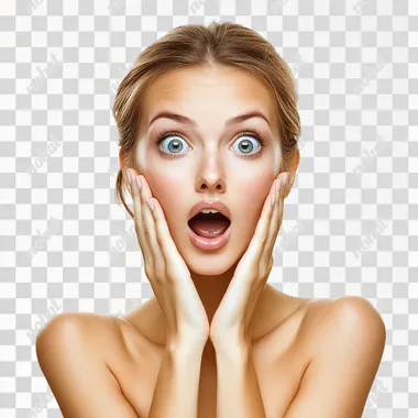 A beautiful woman with a surprised look on her face, a transparent background