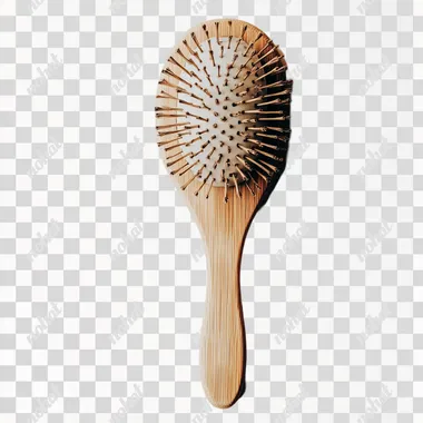 studio photo of hair brush with wooden handle white background