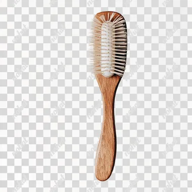 studio photo of hair brush with wooden handle white background