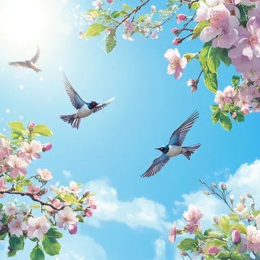 Poster design, spring equinox season is strong, passers-by, spring sowing scenes, swallows return, sky blue, picture space blank,