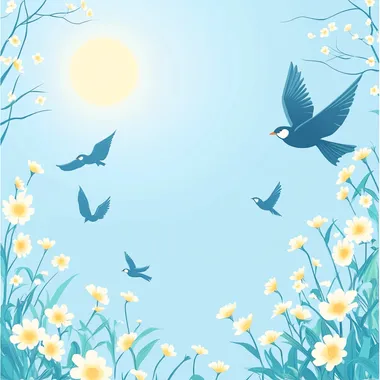 Poster design, spring equinox season is strong, passers-by, spring sowing scenes, swallows return, sky blue, picture space blank,
