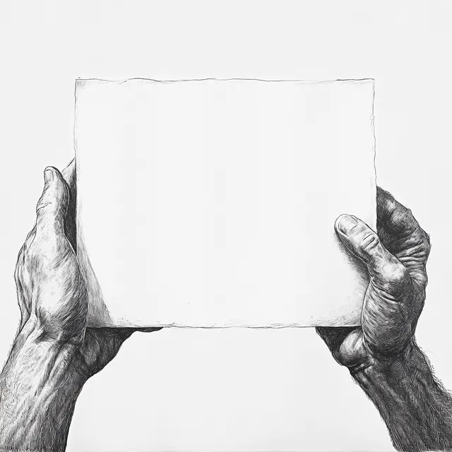 Two Hands Passing White Sign in 2D Drawing, Artistic Illustration