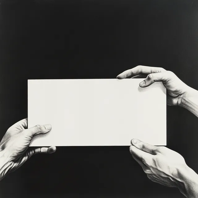 Two Hands Holding White Sign in Front of Black Background Drawing