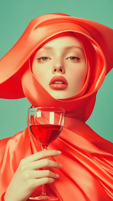 ros wine, pink colours, Beautiful Limited color pallet Enochian language Andreas Gursky photo depicting volumetric flow 1950s portrait Woman holding glass of red wine  rofile h9i44vd