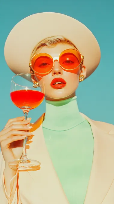 ros wine, pink colours, Beautiful Limited color pallet Enochian language Andreas Gursky photo depicting volumetric flow 1950s portrait Woman holding glass of red wine  rofile h9i44vd