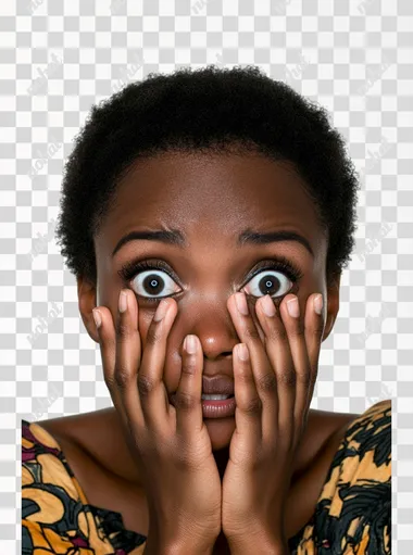 a beautiful black woman afraid, isolated. realistic. white background