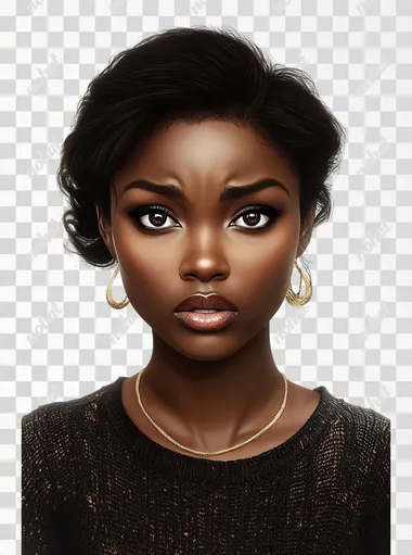 a beautiful black woman afraid, isolated. realistic. white background