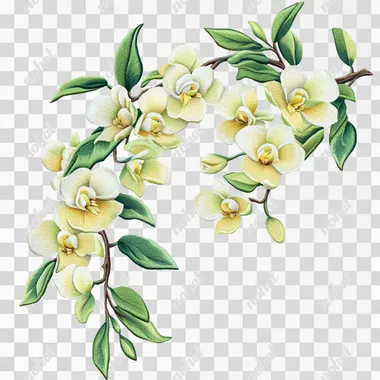 Chinese herbal dendrobium, embroidered style, ethnic trend, green and yellow flowers.