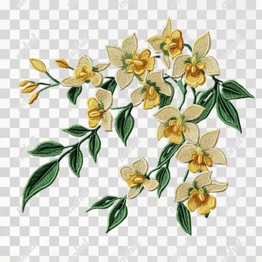 Chinese herbal dendrobium, embroidered style, ethnic trend, green and yellow flowers.