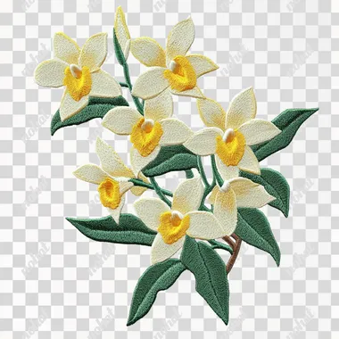 Chinese herbal dendrobium, embroidered style, ethnic trend, green and yellow flowers.