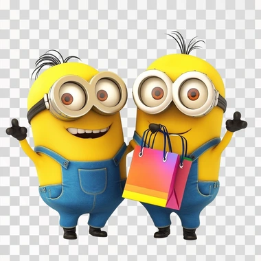 dois minions felizes apertando as m?os estilo cartoon, um deles est? com sacolas de compras na m?o, fundo branco