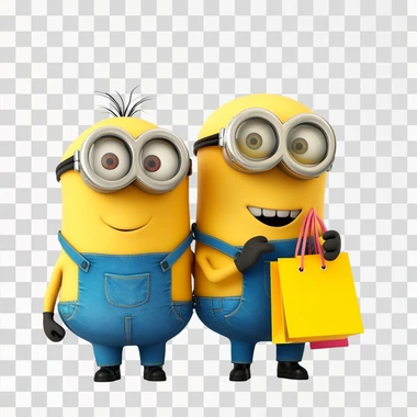 dois minions felizes apertando as m?os estilo cartoon, um deles est? com sacolas de compras na m?o, fundo branco
