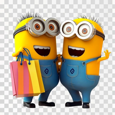 dois minions felizes apertando as m?os estilo cartoon, um deles est? com sacolas de compras na m?o, fundo branco