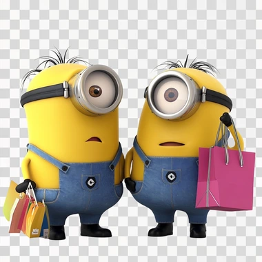 dois minions felizes apertando as m?os estilo cartoon, um deles est? com sacolas de compras na m?o, fundo branco