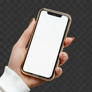 The app screen showing a women's hand holding their phone with a blank screen on a white background. The edge of the case is golden.