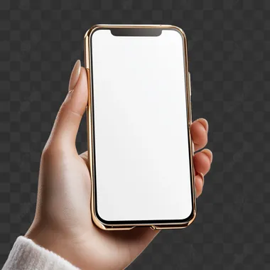 The app screen showing a women's hand holding their phone with a blank screen on a white background. The edge of the case is golden.
