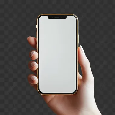 The app screen showing a women's hand holding their phone with a blank screen on a white background. The edge of the case is golden.