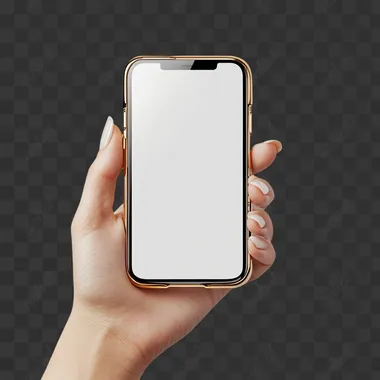 The app screen showing a women's hand holding their phone with a blank screen on a white background. The edge of the case is golden.