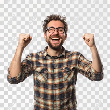 portrait happy nerdy man, 30 year old, cheering in front of a white background