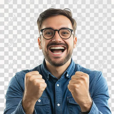 portrait happy nerdy man, 30 year old, cheering in front of a white background
