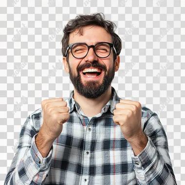 portrait happy nerdy man, 30 year old, cheering in front of a white background