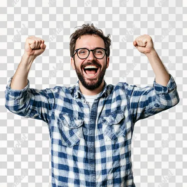 portrait happy nerdy man, 30 year old, cheering in front of a white background