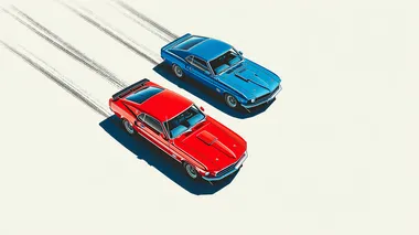 Sleek red 1969 Ford Mustang racing a blue 1991 Pntiac Firebird side by side leaving tire trails against a white backdrop behind the cars, top-down view creating a racing scene, cars are moving from left to right. retro feeling similar to 1970's car promotional posters, minimalist