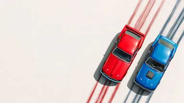 Sleek red 1969 Ford Mustang racing a blue 1991 Pntiac Firebird side by side leaving tire trails against a white backdrop behind the cars, top-down view creating a racing scene, cars are moving from left to right. retro feeling similar to 1970's car promotional posters, minimalist