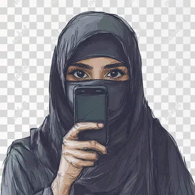 A hand drawn sketchy style, mid shot of a young saudi lady wearing niqaab taking selfie looking straight