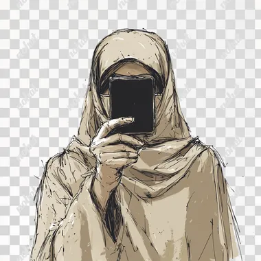 A hand drawn sketchy style, mid shot of a young saudi lady wearing niqaab taking selfie looking straight