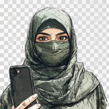 A hand drawn sketchy style, mid shot of a young saudi lady wearing niqaab taking selfie looking straight