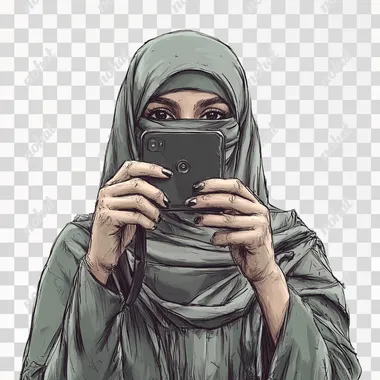 A hand drawn sketchy style, mid shot of a young saudi lady wearing niqaab taking selfie looking straight