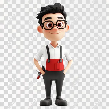 red, black, white cartoon character, white background, octane render, 8K,slim body structure, looks like hardware store consultant