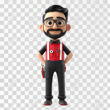 red, black, white cartoon character, white background, octane render, 8K,slim body structure, looks like hardware store consultant