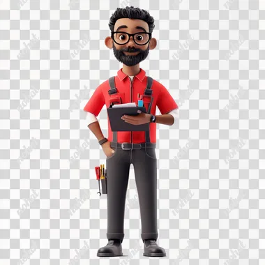 red, black, white cartoon character, white background, octane render, 8K,slim body structure, looks like hardware store consultant