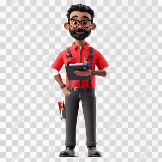 PNG Cartoon hardware store consultant with glasses and beard holding clipboard