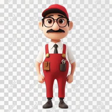 red, black, white cartoon character, white background, octane render, 8K,slim body structure, looks like hardware store consultant