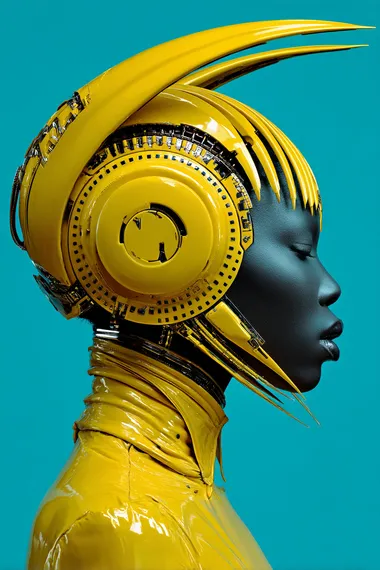 [ultra-stylized editorial portrait of a futuristic Black woman in profile view], wearing chrome yellow sculptural horns and a metallic helmet, abstract cybernetic headgear design, glossy black skin, minimal background in light blue, high fashion latex clothing, dramatic lighting, afrofuturist elegance, sci-fi fashion editorial, 85mm lens, shallow depth of field,   --s 750 --raw  4w3k2n9