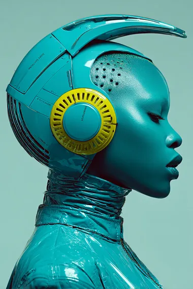 [ultra-stylized editorial portrait of a futuristic Black woman in profile view], wearing chrome yellow sculptural horns and a metallic helmet, abstract cybernetic headgear design, glossy black skin, minimal background in light blue, high fashion latex clothing, dramatic lighting, afrofuturist elegance, sci-fi fashion editorial, 85mm lens, shallow depth of field,   --s 750 --raw  4w3k2n9